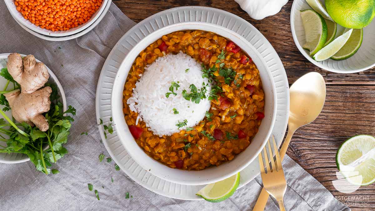 Indisches Rote Linsen Dal mit Reis (vegan) - Selbstgemacht - Der